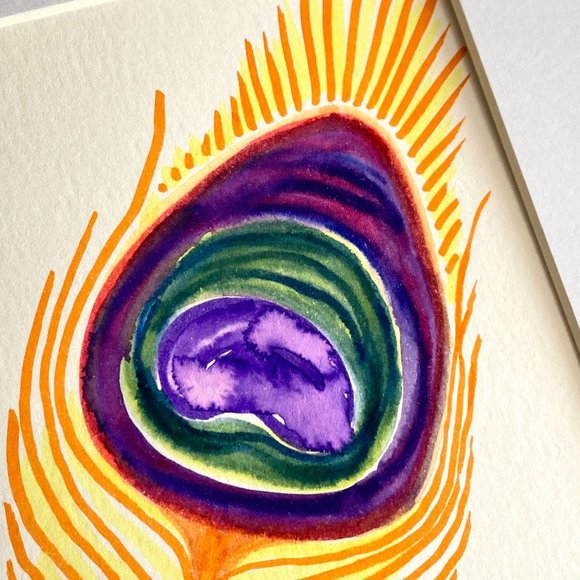 Fine Feather - Original Wall Art Watercolor Feather Painting Matted Frame Ready - Picture 3 of 5